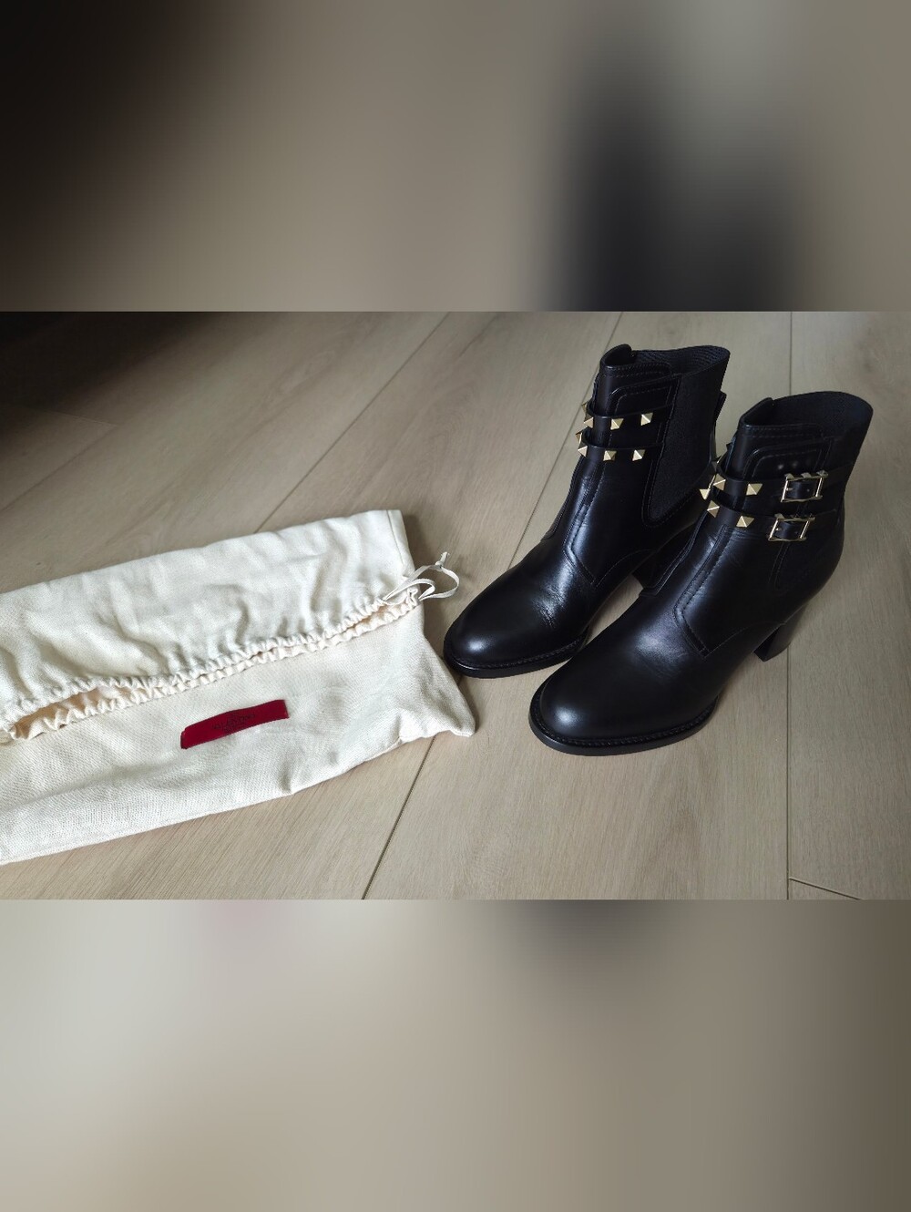 Authentic Valentino Garavani Black Leather Ankle Boots with Gold Pyramid Studs